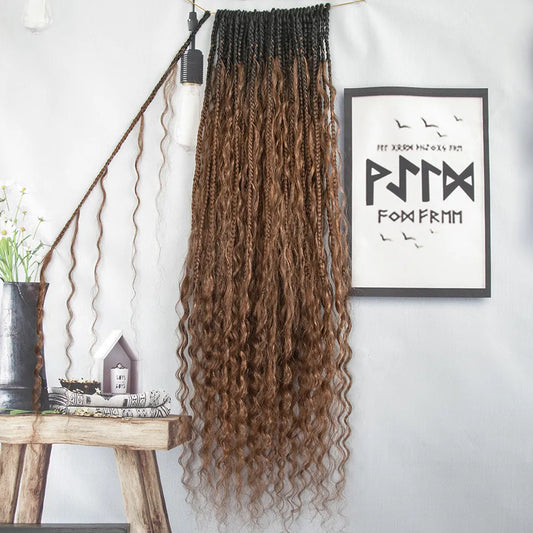 Ombre Brown Crochet Boho Box Braids with Human Hair Curls