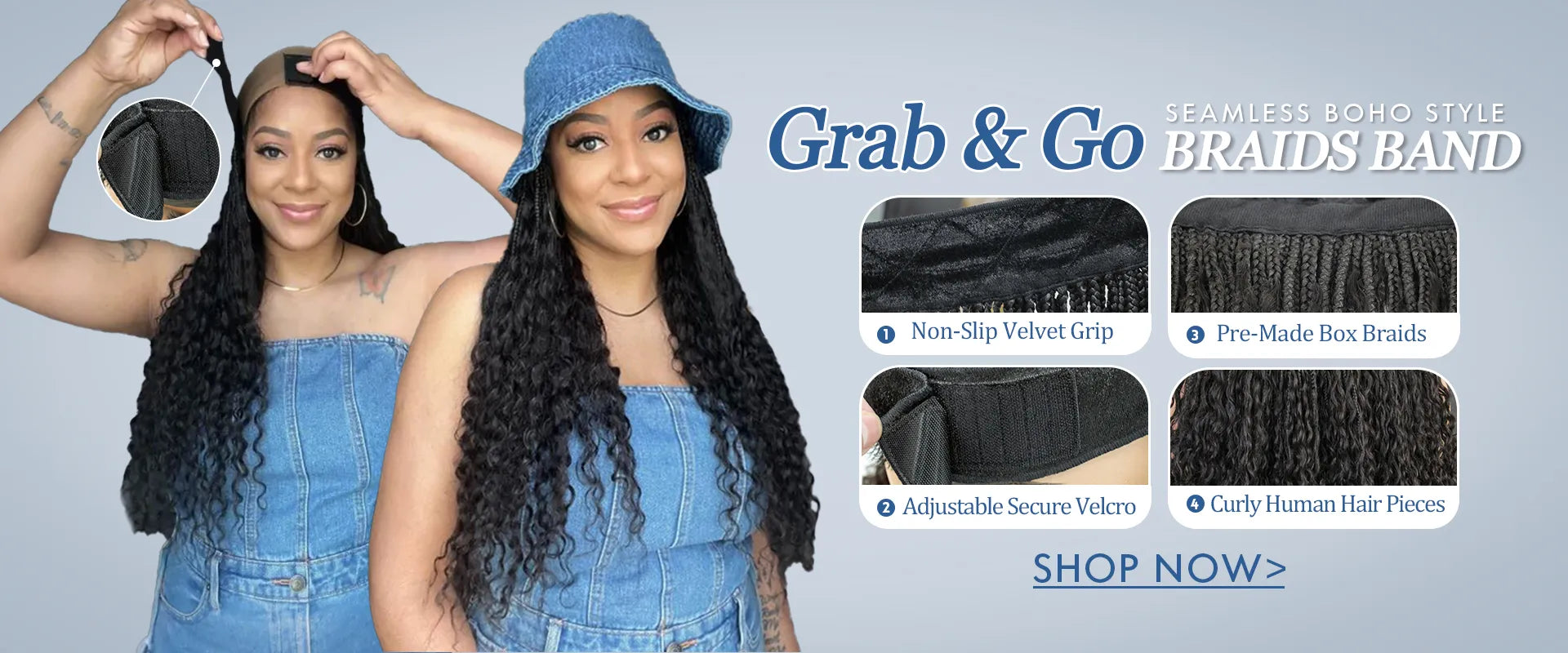 grab & go braids band boho style with human hair curls