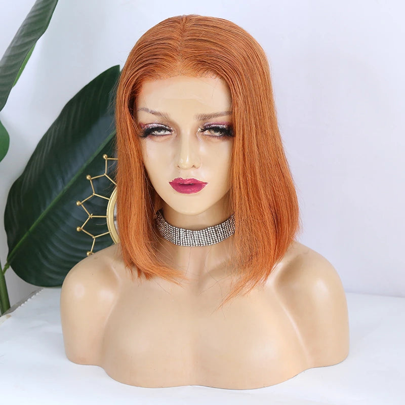 Lace Dyed 12 inches 150% Density Orange Silky Straight Human Hair 13x4 T Part Lace Front Bob Wig for Sale Y231110