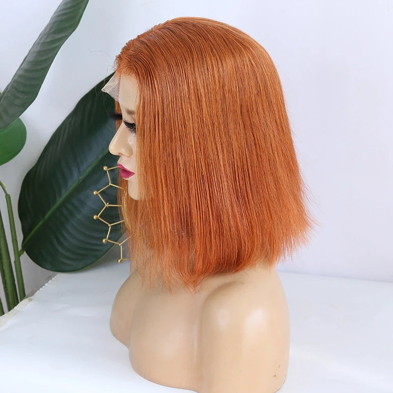 Lace Dyed 12 inches 150% Density Orange Silky Straight Human Hair 13x4 T Part Lace Front Bob Wig for Sale Y231110