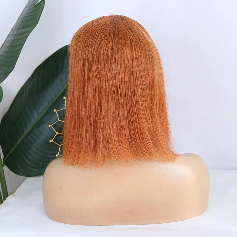 Lace Dyed 12 inches 150% Density Orange Silky Straight Human Hair 13x4 T Part Lace Front Bob Wig for Sale Y231110