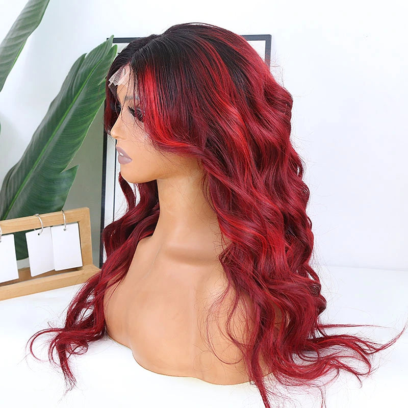 Lace Dyed 20 inches 120% Density T1B/Rose Red Human Hair 13x4 T Part Lace Front Wig for Sale Y231113