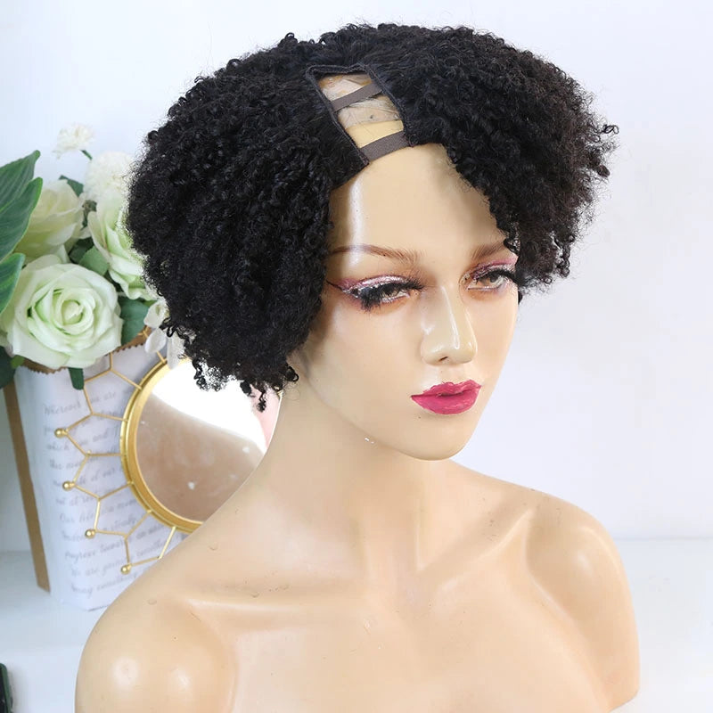 Natural Color 10 Inch 150% Density Kinky Curly Right Part U Part Wig for Sale Y231118