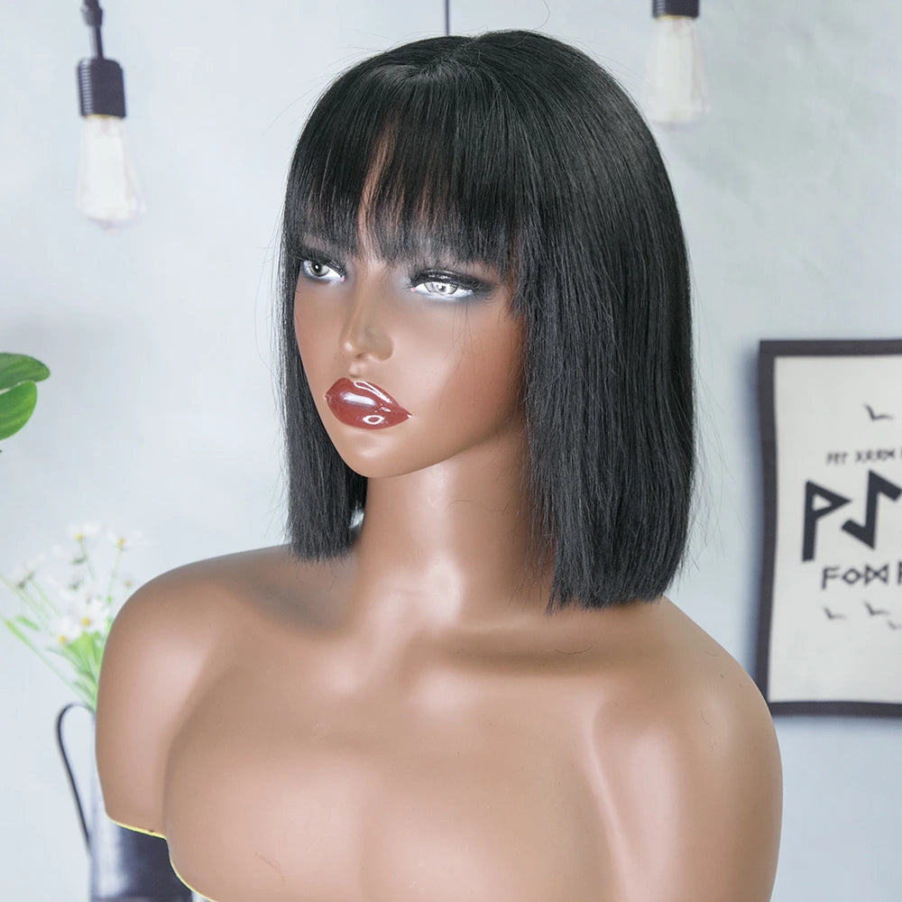 8 inches 120% Density Silky Straight Human Hair 13x3 Lace Front Bob Wig with Bangs for Sale Y241115