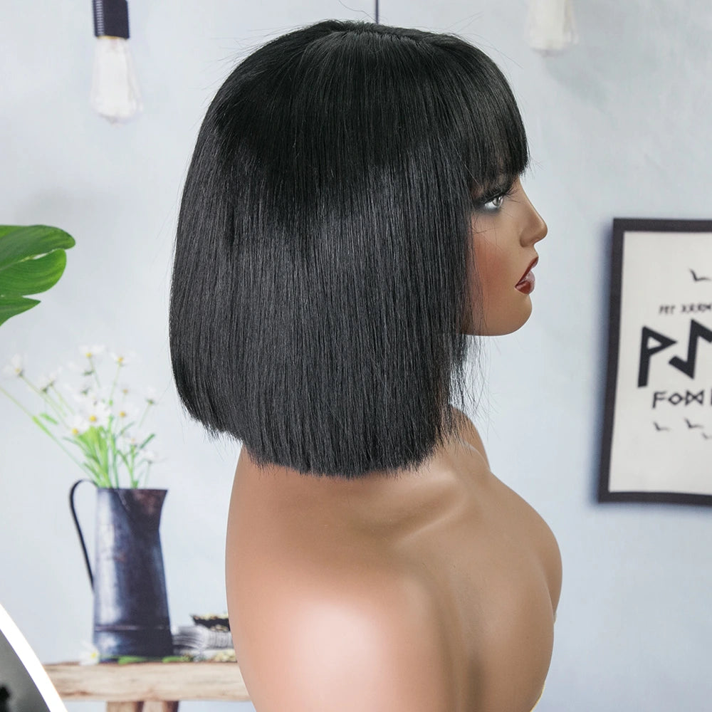 8 inches 120% Density Silky Straight Human Hair 13x3 Lace Front Bob Wig with Bangs for Sale Y241115