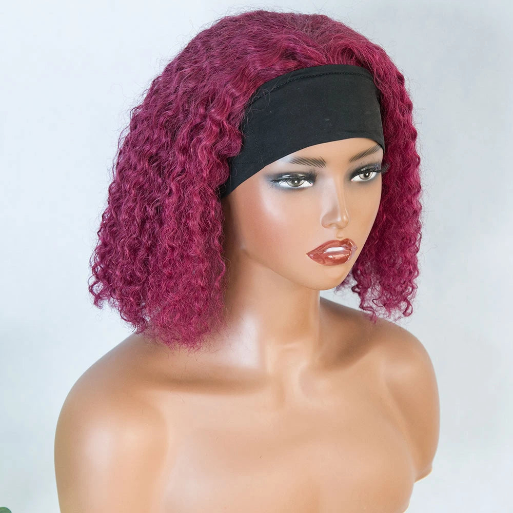 12 Inch 150% Density Color 99J Water Wave Human Hair Headband Wig for Sale Y241229