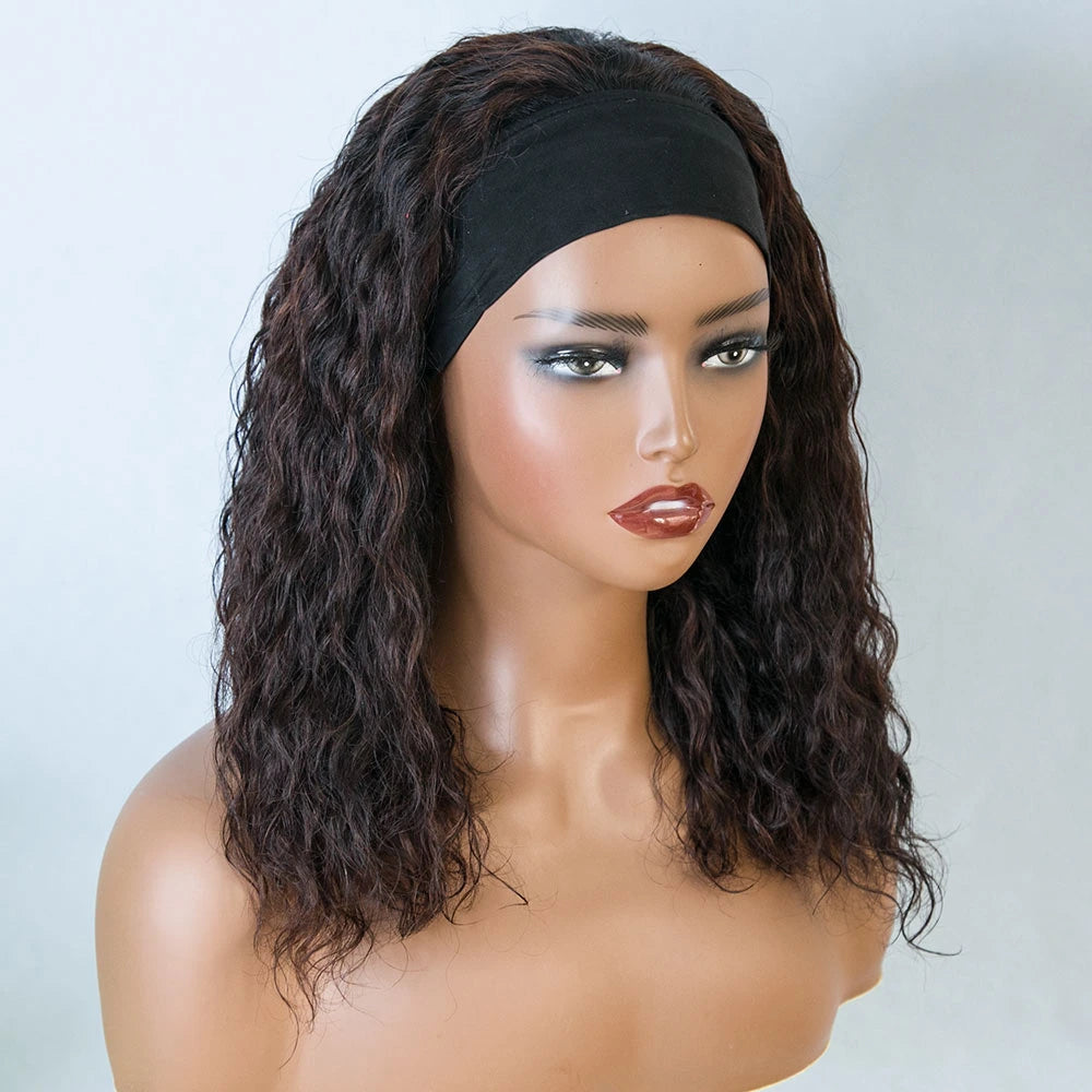 #2 Dark Brown 14 Inch 150% Density Water Wave Human Hair Headband Wig for Sale Y24102