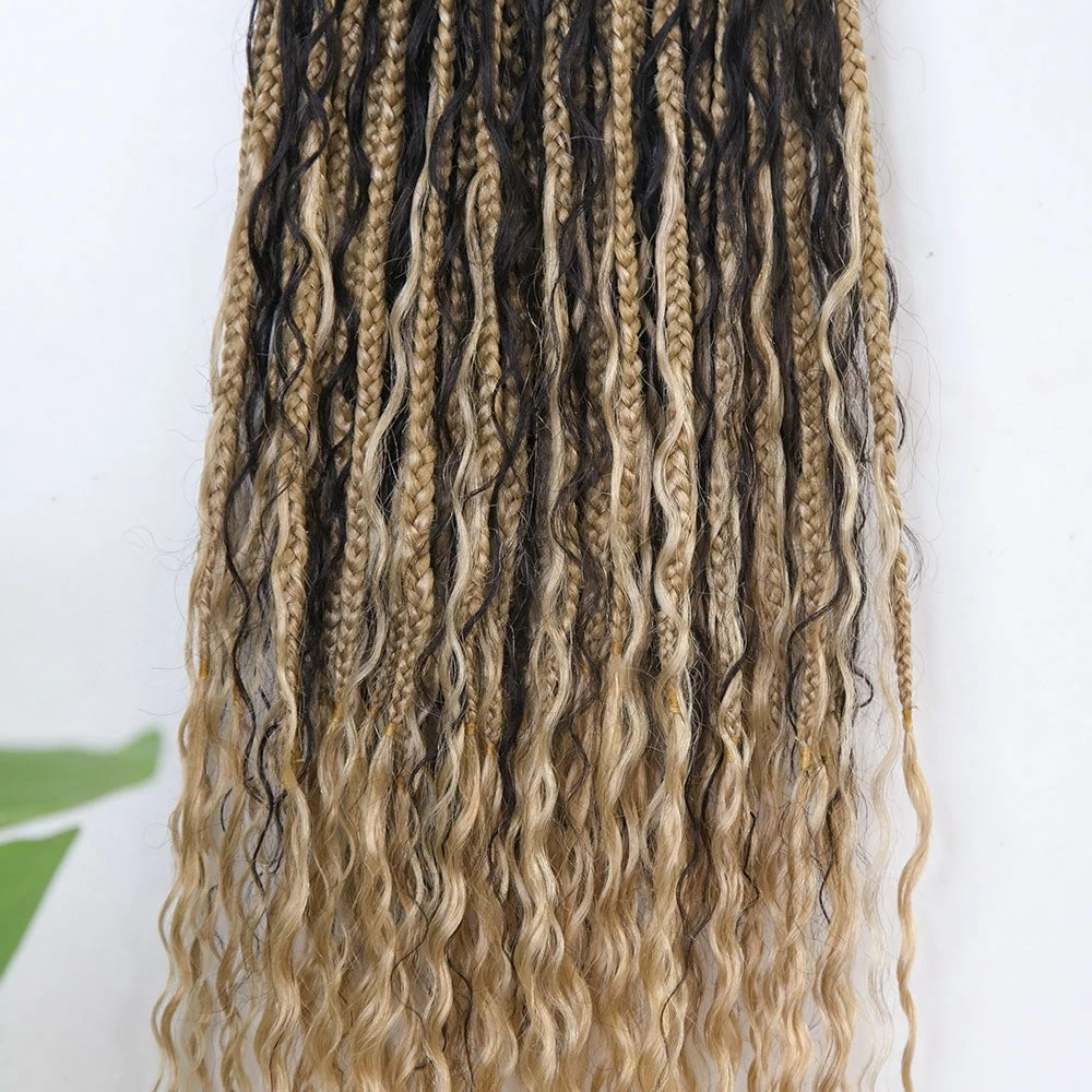 1B/27 Crochet Boho Box Braids with Human Hair Curls