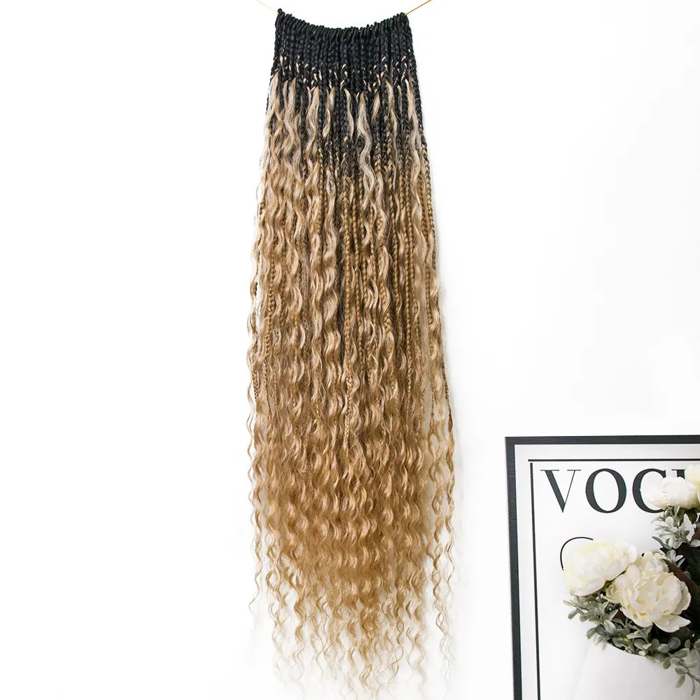 Ombre Honey Blonde Crochet Boho Box Braids with Human Hair Curls