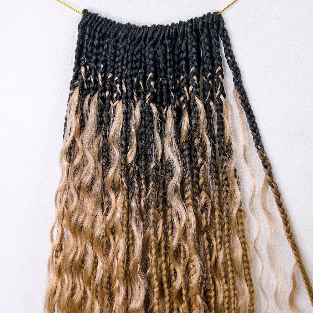 Ombre Honey Blonde Crochet Boho Box Braids with Human Hair Curls