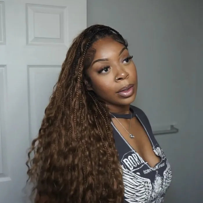 T1B/30 Ombre Brown Crochet Boho Box Braids with Human Hair Curls