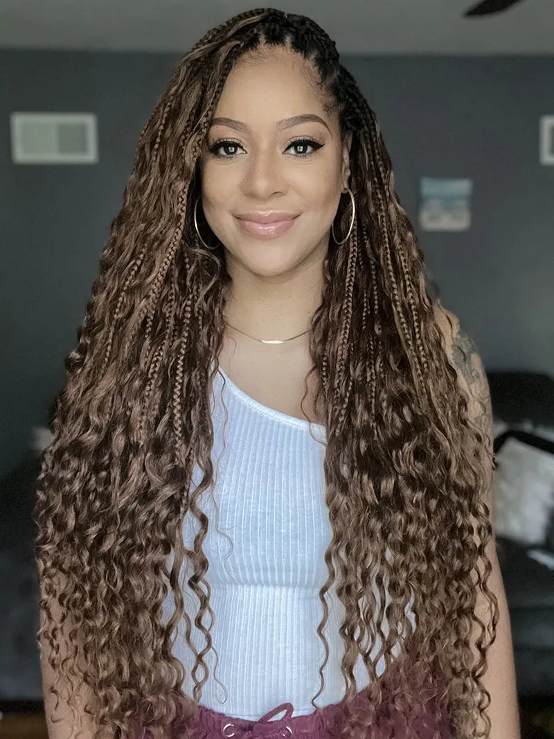 T1B/30 Ombre Brown Crochet Boho Box Braids with Human Hair Curls