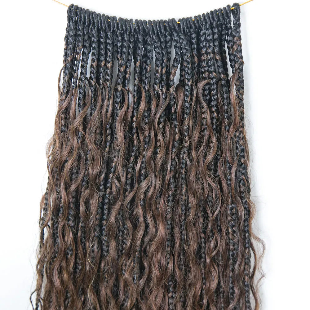 1B/4 Ombre Brown Crochet Boho Box Braids with Human Hair Curls