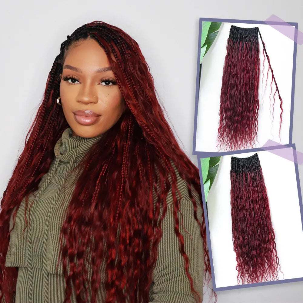 Burgundy Crochet Box Braids with Boho Human Hair Curls