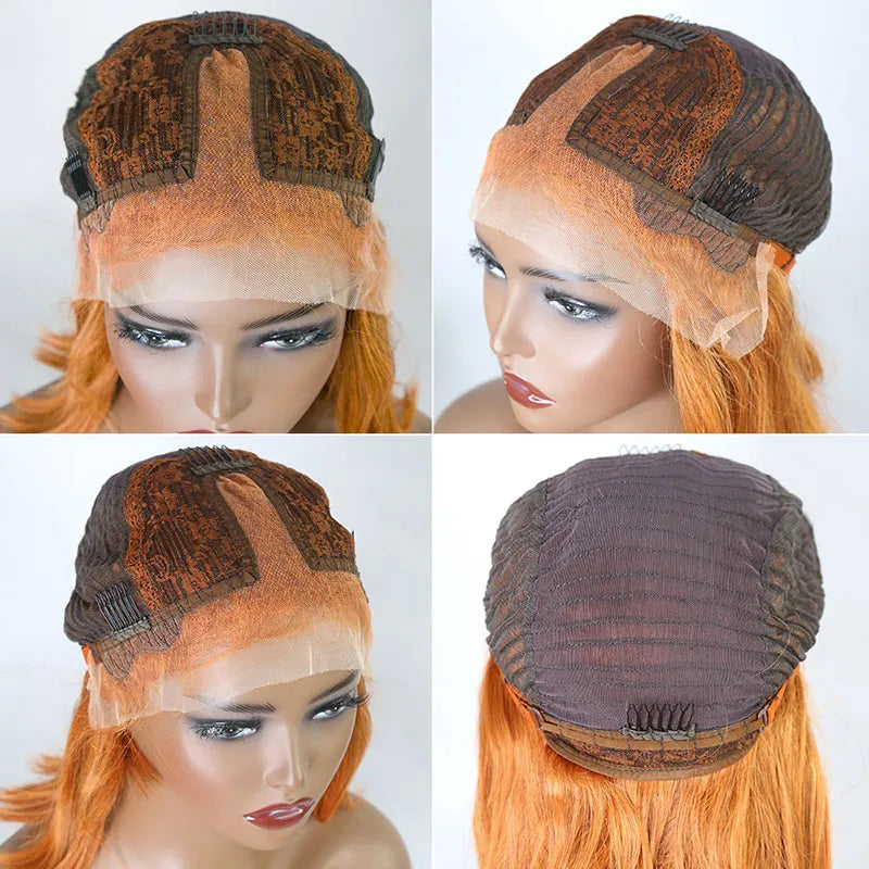 Lace Dyed 12 inches 150% Density Orange Silky Straight Human Hair 13x4 T Part Lace Front Bob Wig for Sale Y231110