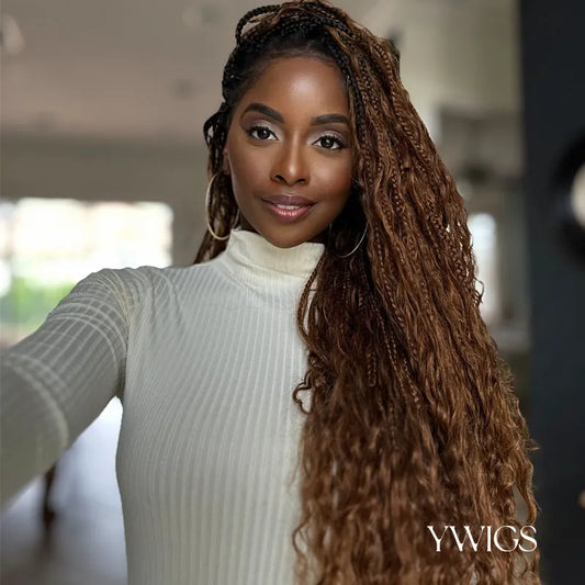 T1B/30 Ombre Brown Crochet Boho Box Braids with Human Hair Curls