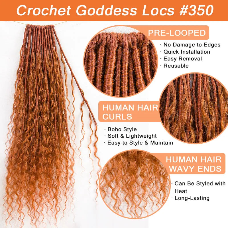 #350 Solid Ginger Crochet Boho Locs with Human Hair Curls