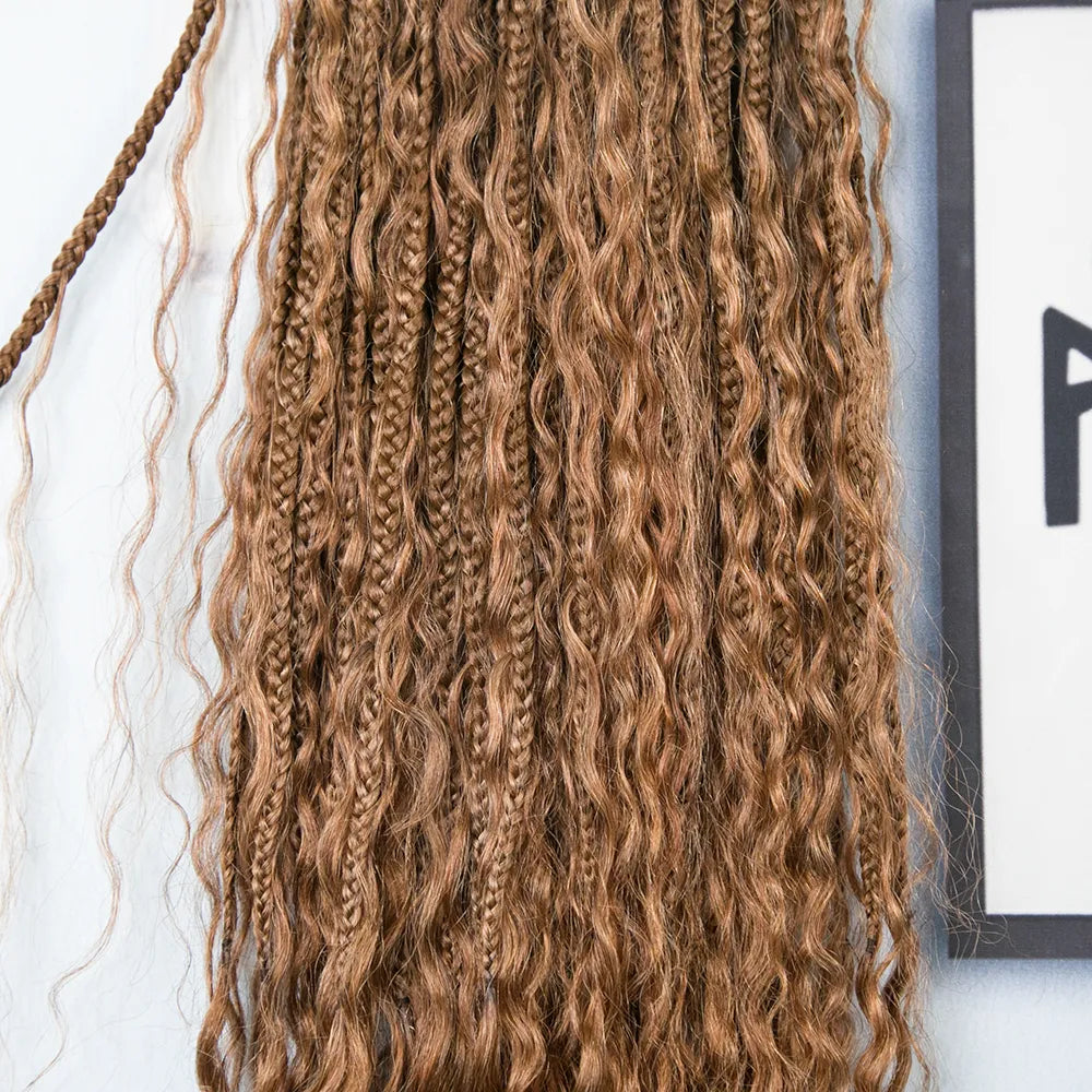 Light Brown Crochet Boho Box Braids with Human Hair Curls