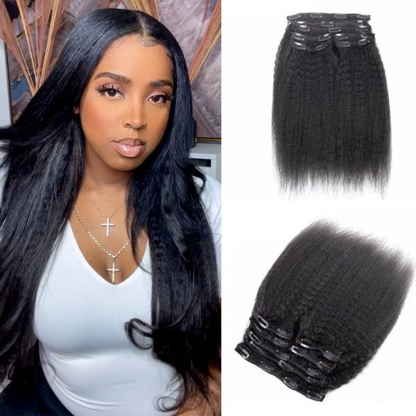 Classic Lace Weft Clip in Kinky Straight Human Hair Extensions EYA1, 22 (100g) / 1 Set ( 7 Pieces) / Natural Color